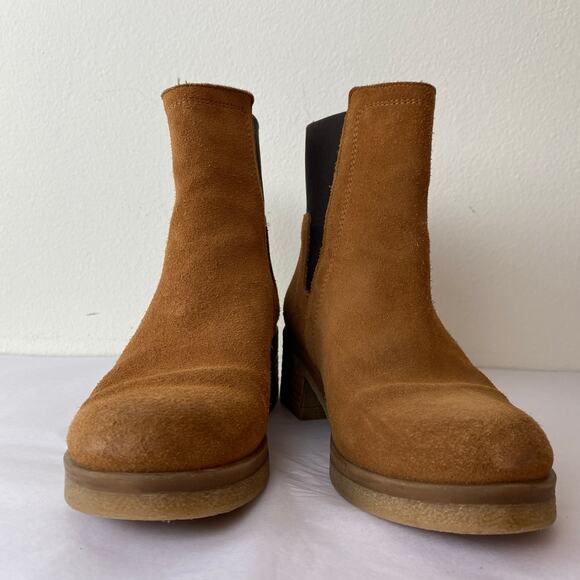 Avellini Suede Chelsea Boots Size 37 or 6.5 Cognac Tan Leather Chunky Heel - Picture 6 of 14